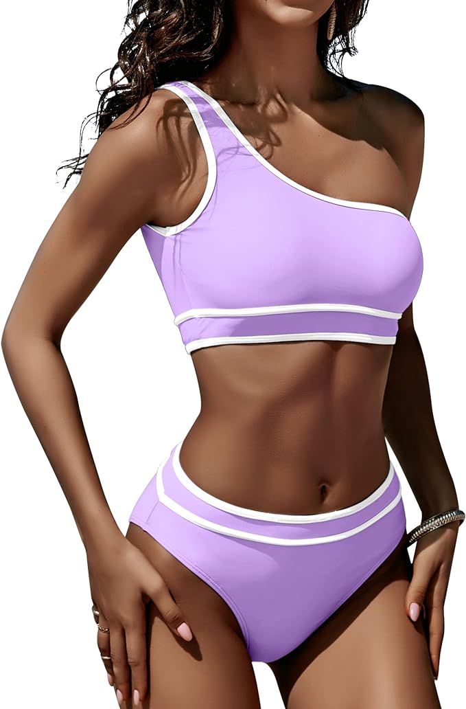 Jolefille Womens High Waisted Bikini Sets One Shoulder 2 Piece Swimsuit Color Block Tummy Control... | Amazon (US)