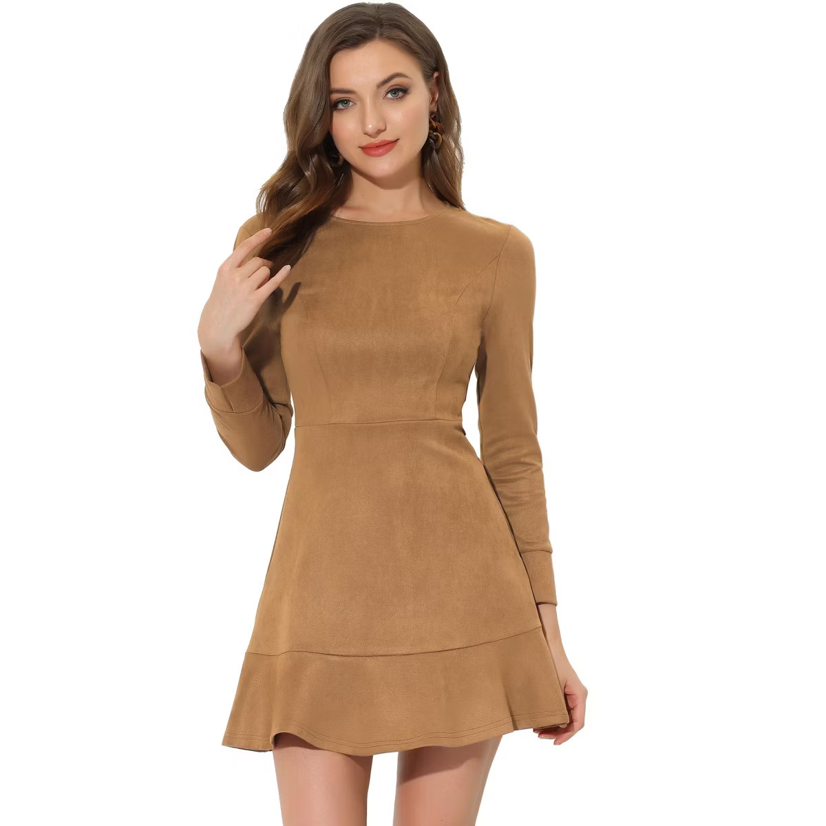 Allegra K Women's Faux Suede Crew Neck Long Sleeve Ruffled Hem Mini Dress | Target