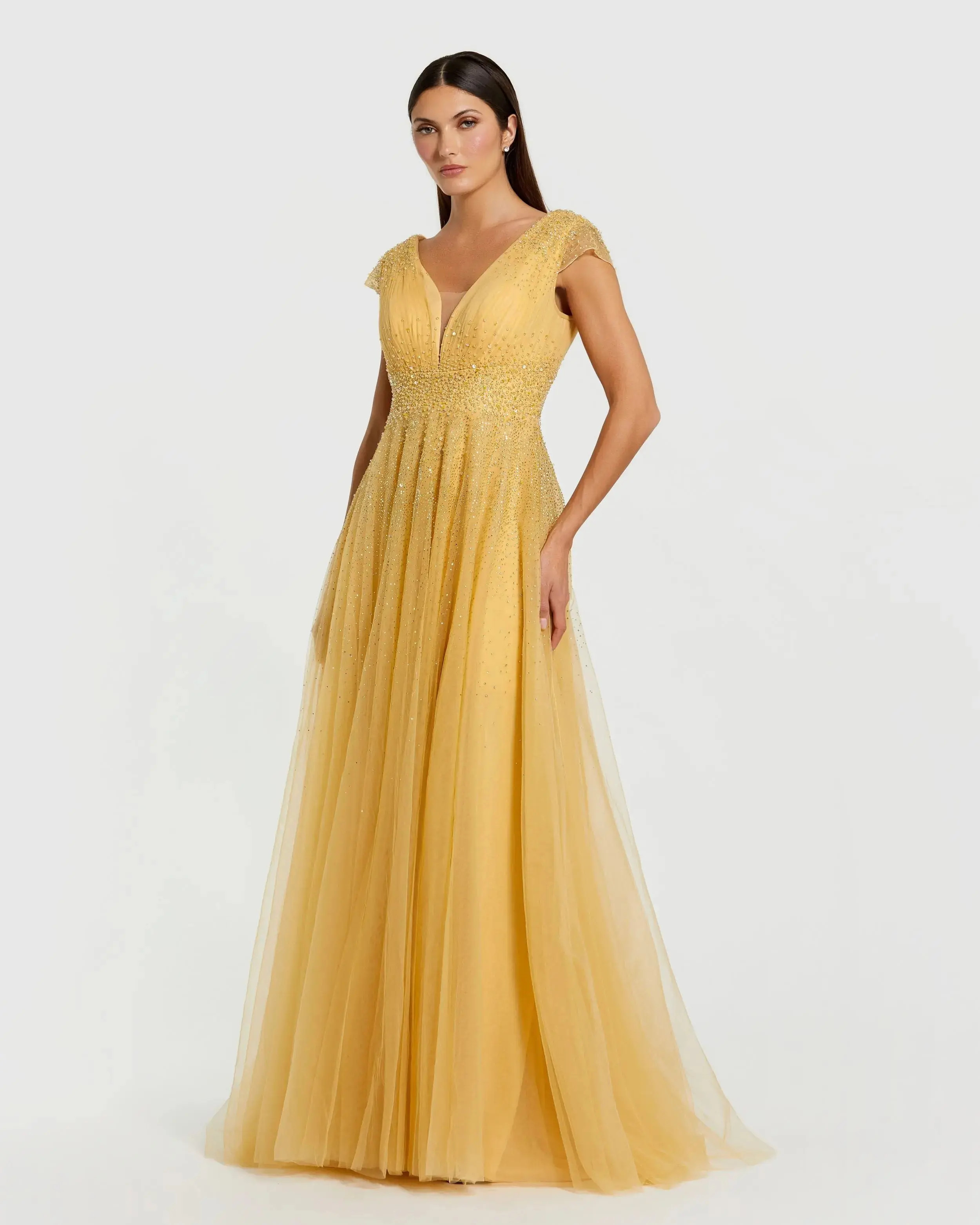 Yellow Embellished Cap Sleeve V Neck Tulle Gown | Mac Duggal | Mac Duggal