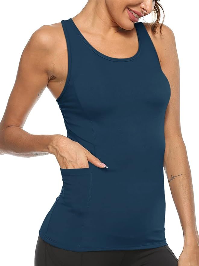 LASLULU Womens Seamless Racerback Tank Top Silm Fit Athletic Workout Tank Tops Sleeveless Shirt Musc | Amazon (US)