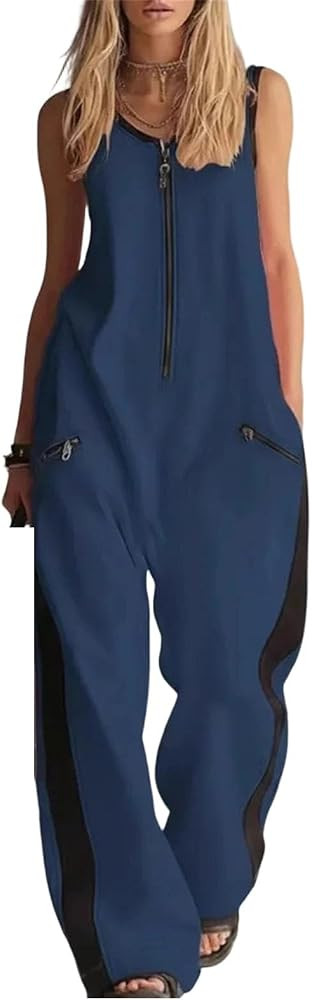 Womens Sleeveless Zipper Front Jumpsuit Round Neck Casual Breathable Lightweight Summer Beach Pla... | Amazon (US)
