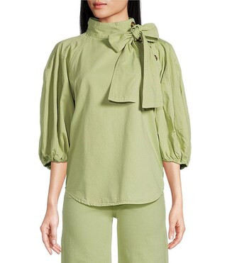 A Loves A Tinted Denim Mock Bow Tie Neck 3/4" Puffed Balloon Sleeve Pleated Button Shoulder Tulip... | Dillard's