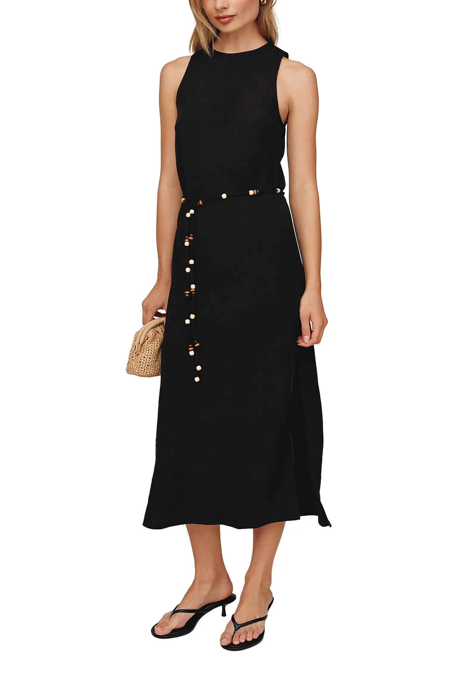 Beaded Tie Belt Bias Cut Linen Blend Midi Dress (Women) | Nordstrom | Nordstrom