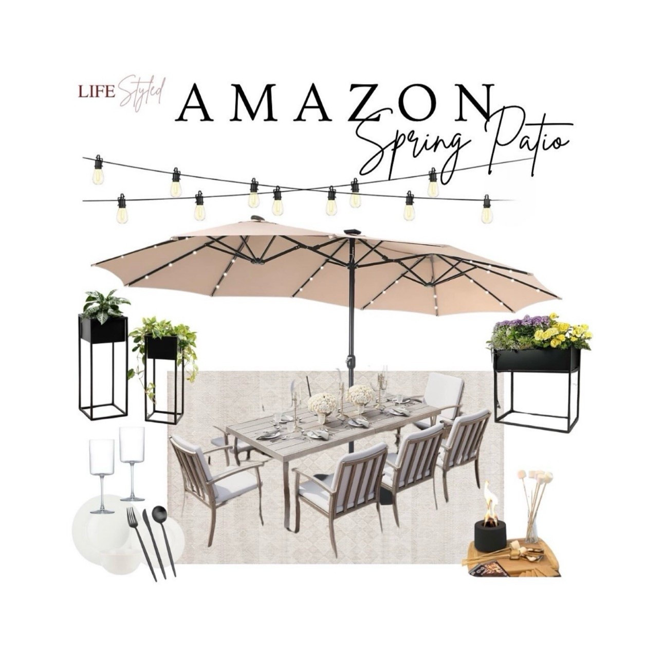 An outdoor setup made for slow evenings ✨ Comfortable seating, a grounding rug, soft lantern light, string lights overhead, styled planters, tableware ready for golden-hour dinners, and a tabletop bonfire/s’mores kit to finish the evening.

#LTKSeasonal #LTKHome #LTKSaleAlert