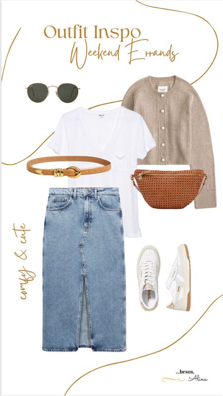Spring outfit with denim skirt and cardigan white sneakers cute weekend outfit 

#LTKfindsunder100 #LTKitbag #LTKover40