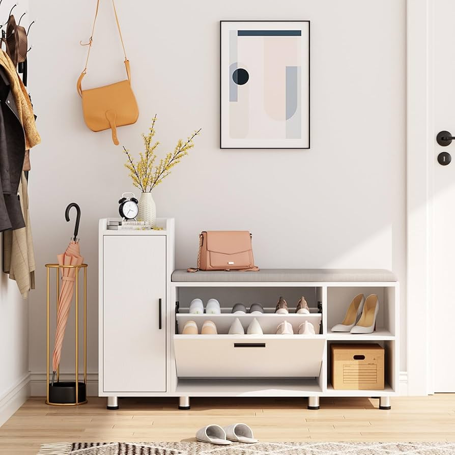 Maupvit Shoe Storage Bench with Flip Drawer Shoe Cabinet, 8 Adjustable Metal Feet, White | Amazon (US)