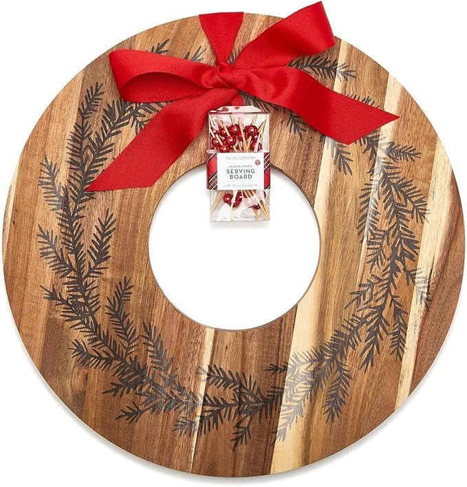 Two's Company Holiday Wreath Charcuterie/Dessert Serving Board w/ 20 Metallic Red Bead Picks | Amazon (US)
