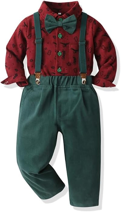 Baby Boy Christmas Outfit Toddlers Xmas 4PCS Bow-tie Shirt and Suspender Pants Gentleman Set | Amazon (US)