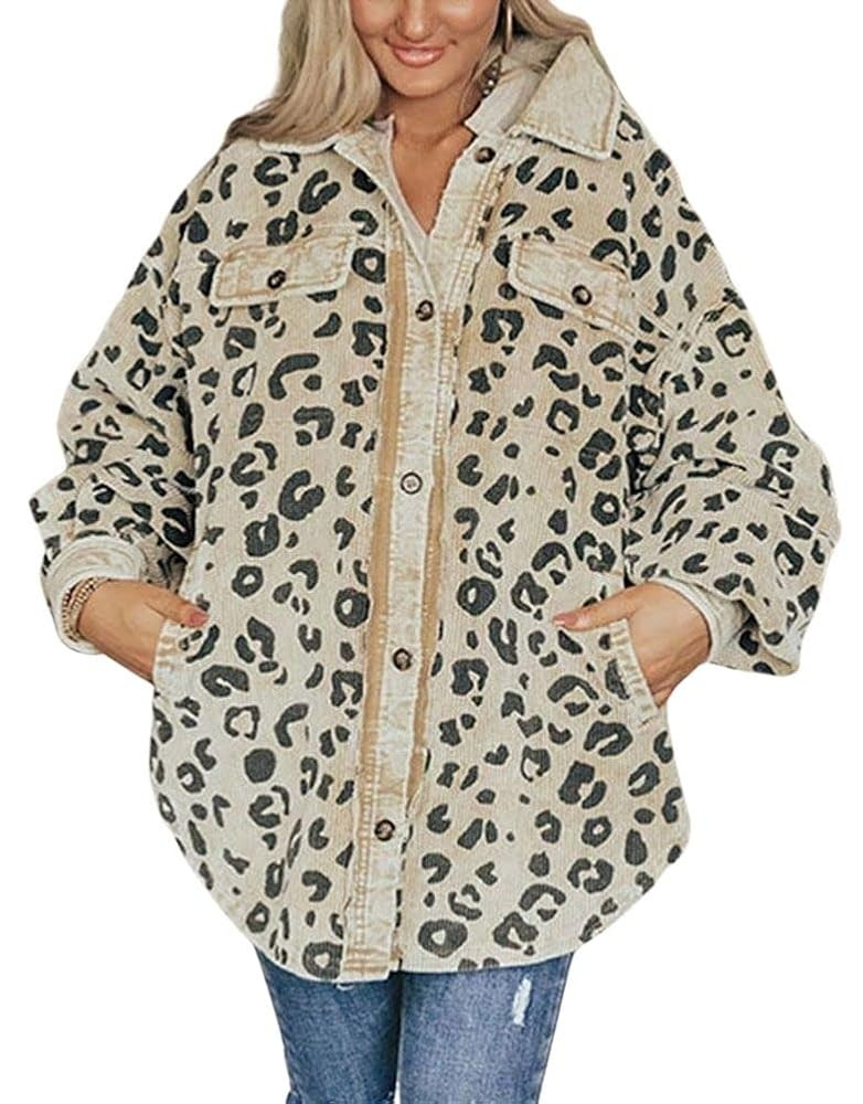 chouyatou Women's Leopard Corduroy Jacket Long Sleeve Button Down Oversized Shirt Jacket | Amazon (US)