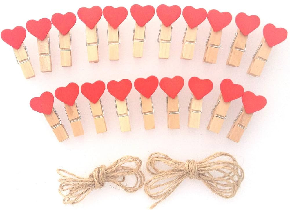 LWR CRAFTS Red Heart Wooden Mini Clothespins 20 Pieces and Jute Cord 8ft | Amazon (US)