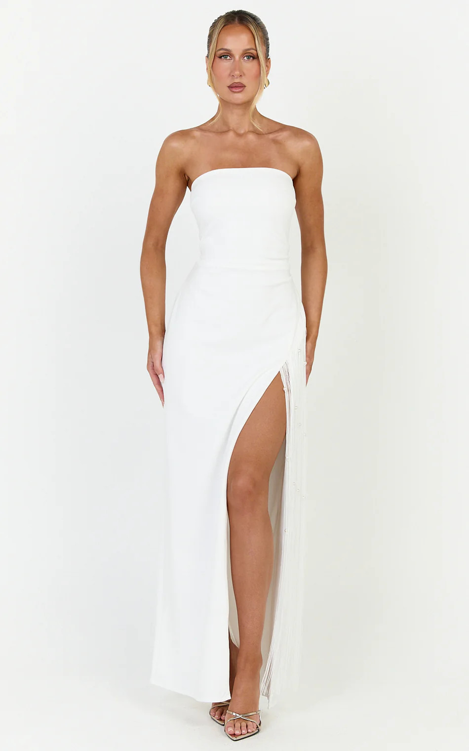 Strapless Pearl Fringe Dress in White | Showpo (US, UK & Europe)
