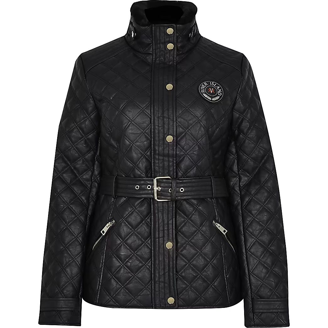 Black faux leather quilted padded jacket | River Island (UK & IE)