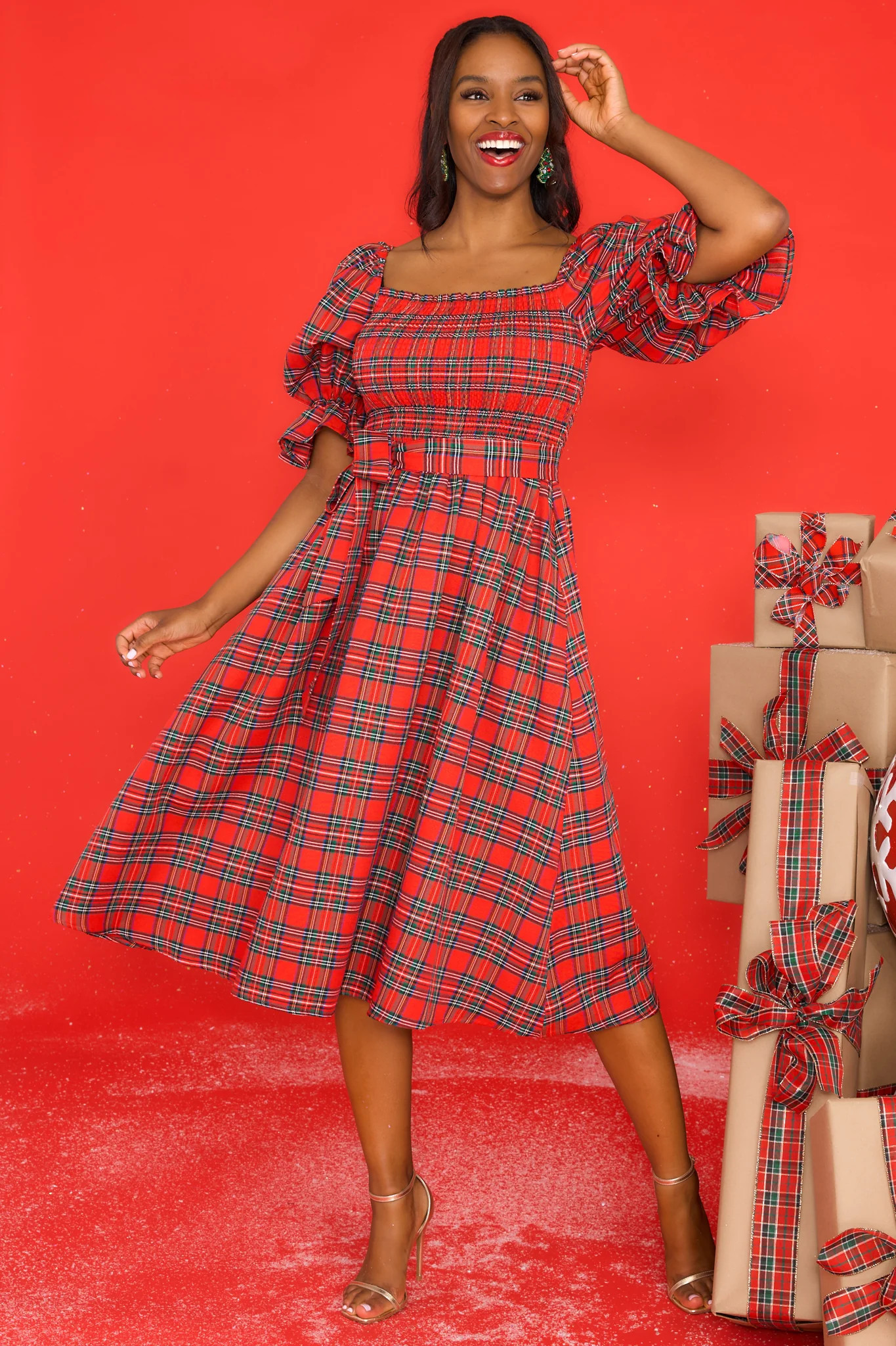 Wishful Wonderland Red Plaid Midi Dress | Red Dress 