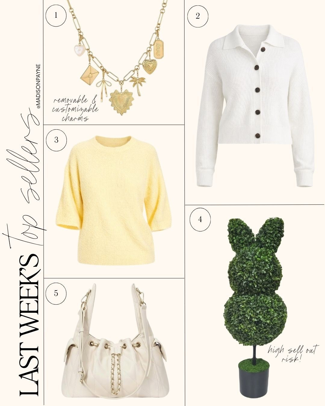 Last week’s top sellers include a customizable charm necklace, a spring cardigan, a short sleeve sweater in a great yellow, a bunny topiary perfect for your Easter porch decor, and a handbag that’s currently trending on Amazon 💕🌷🌼

Charm necklace, cardigan, quince, quince cardigan, spring sweater, Easter, Easter topiary, bunny, handbag, Amazon handbag, spring handbag, Madison Payne 

#LTKSeasonal