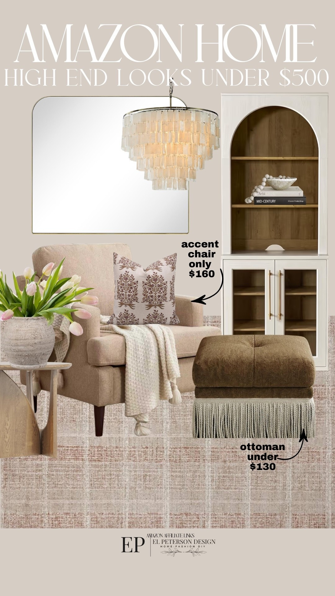 Amazon Home
Tall accent cabinet
Chandelier 
Mirror
Ottoman 
Side table
Vase
Throw pillows
Decorative books
Accent chair 

#LTKHome