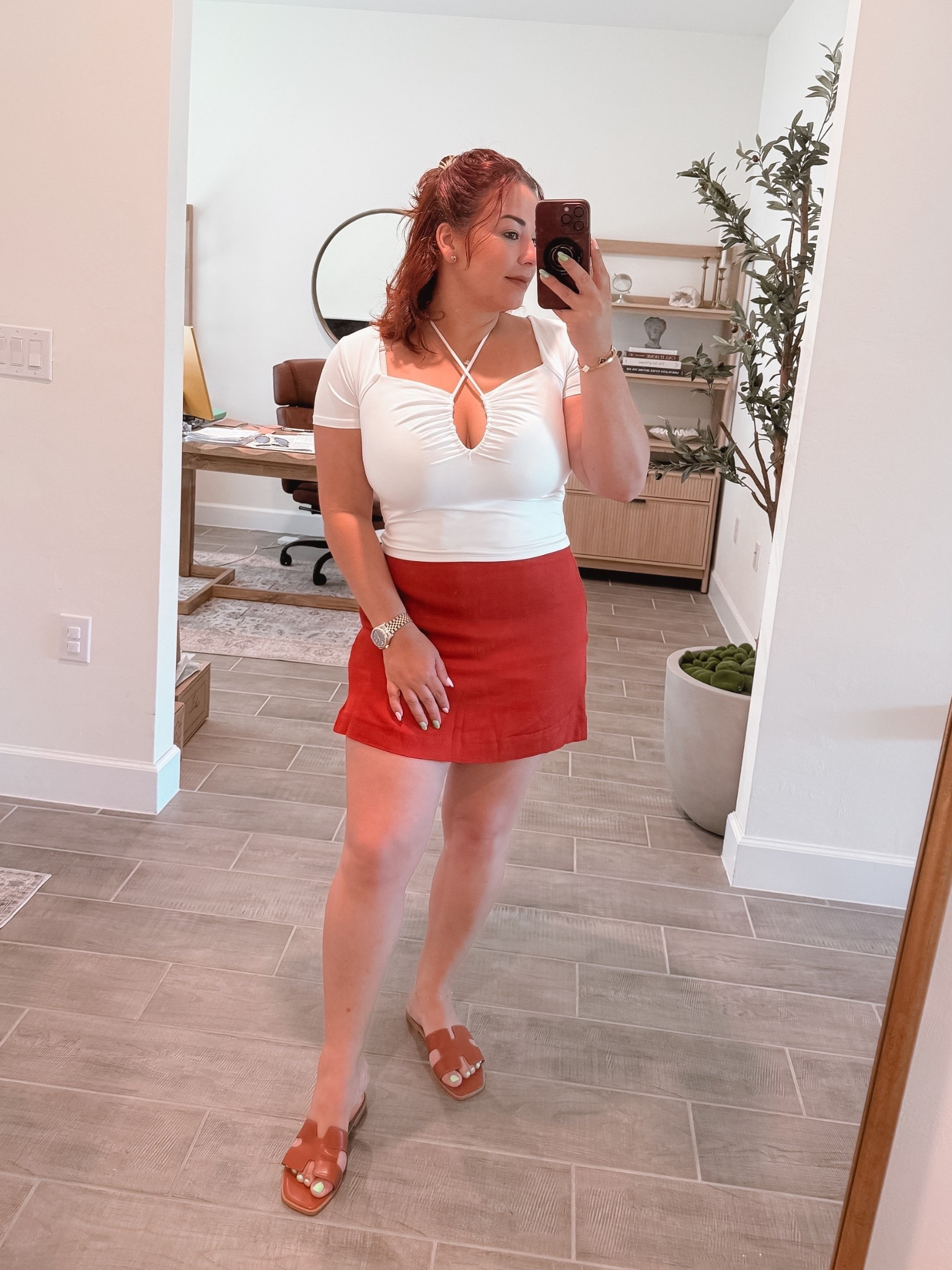 Linen skirt , sandals and white top perfect for spring and summer . 

#LTKSaleAlert #LTKSeasonal #LTKMidsize