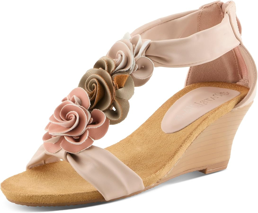 PATRIZIA Women's HARLEQUIN Ankle Strap T-Strap Wedge Sandals - Floral Design, Cushioned Insole, B... | Amazon (US)