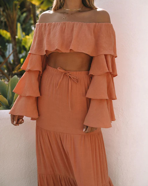 Leila Off The Shoulder Tiered Sleeve Crop Top - Peach - LAST CHANCE | VICI