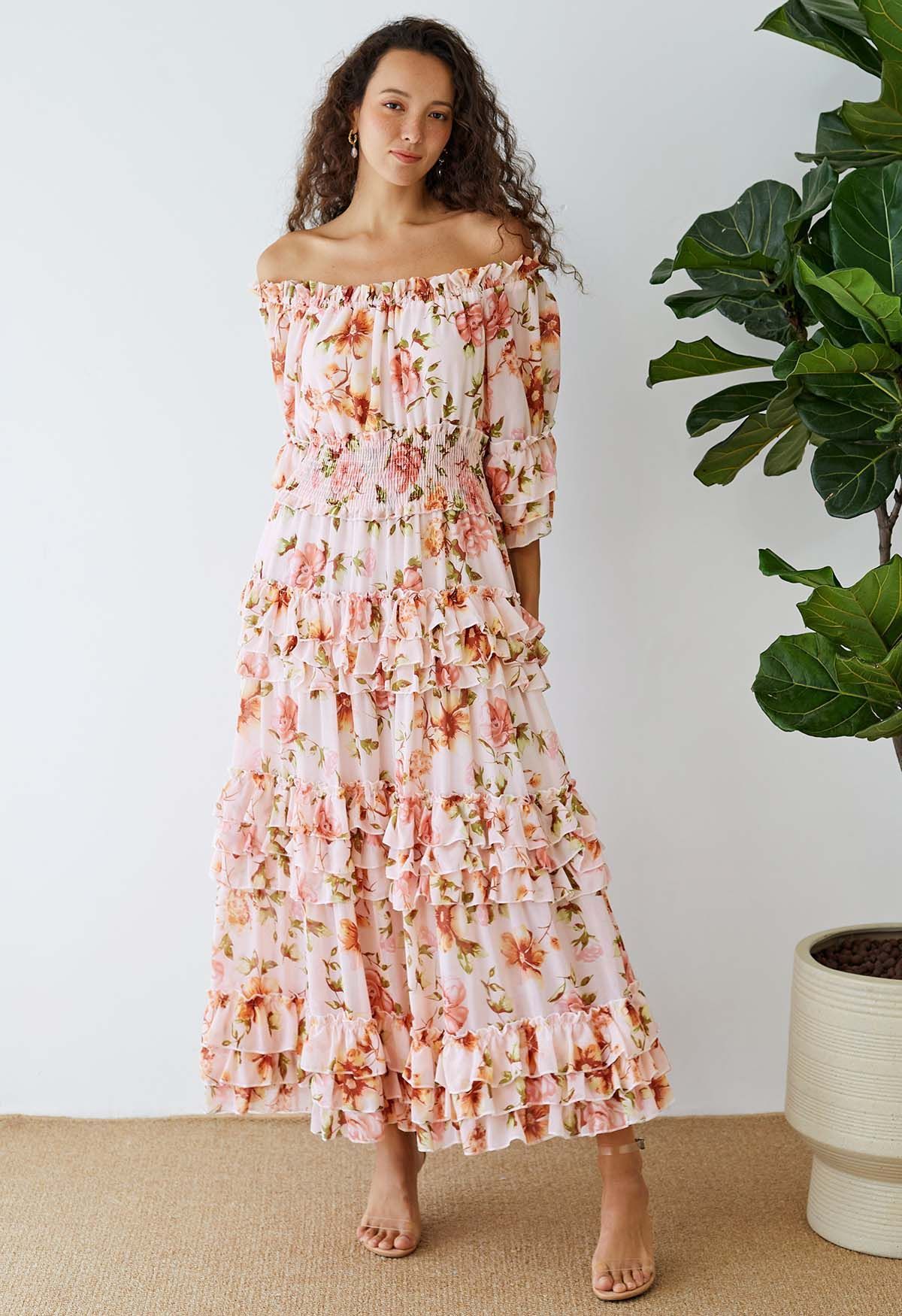 Tiered Ruffle Floral Off-Shoulder Chiffon Maxi Dress in Blush | Chicwish