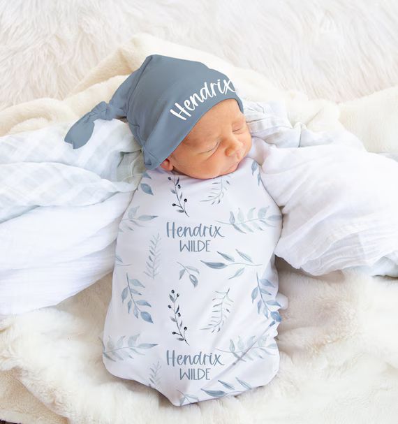 Baby Boy Swaddle Set With Name Blanket Beanie Hat  | Etsy Canada | Etsy (CAD)