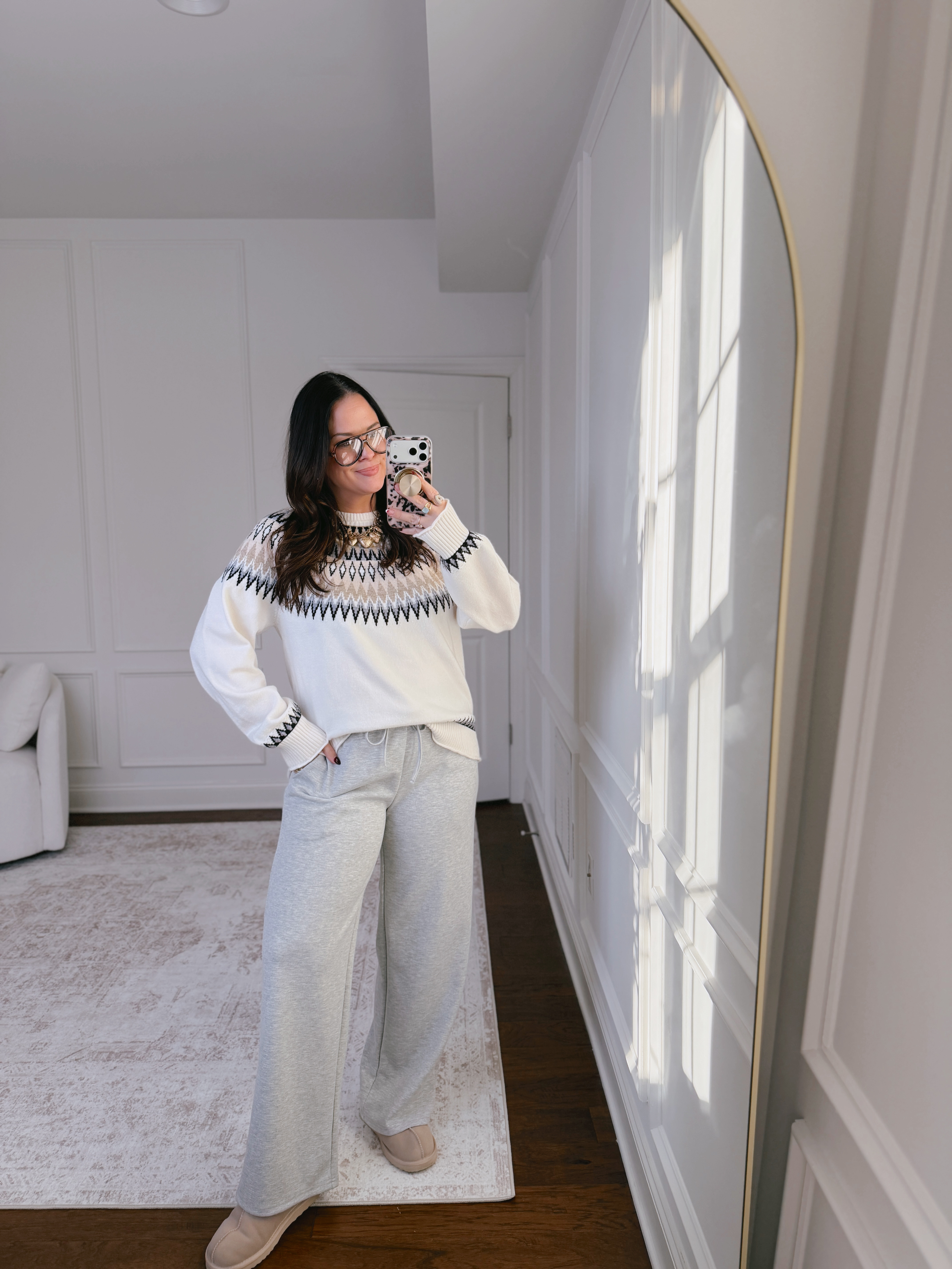 I love elevating traditional sweats with a cozy fair aisle sweater.. it instantly feels more put together.. wearing an XL in the sweater and a large in the pants 

 #LTKootd #LTKMidsize #LTKFindsUnder50
