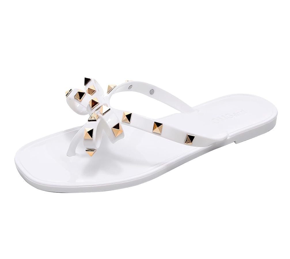 Womens Studded Sandals Bow Flip Flops Jelly Shoes Womens Beige Jellies Flat Size 7, Summer Beach ... | Amazon (US)