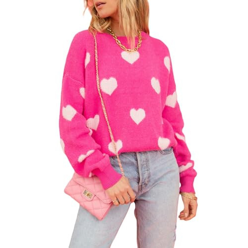 Heart Sweater for Women Valentine's Day Cute Print Crewneck Long Sleeve Oversized Love Sweaters Knit Pullover Tops (Bright Rose, S) | Amazon (US)