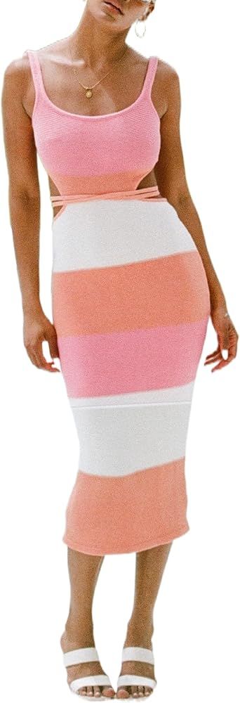 NUFIWI Women Backless Hollow Out Long Dress Sexy Tube Top Maxi Dress Bodycon Spaghetti Strap Cock... | Amazon (US)