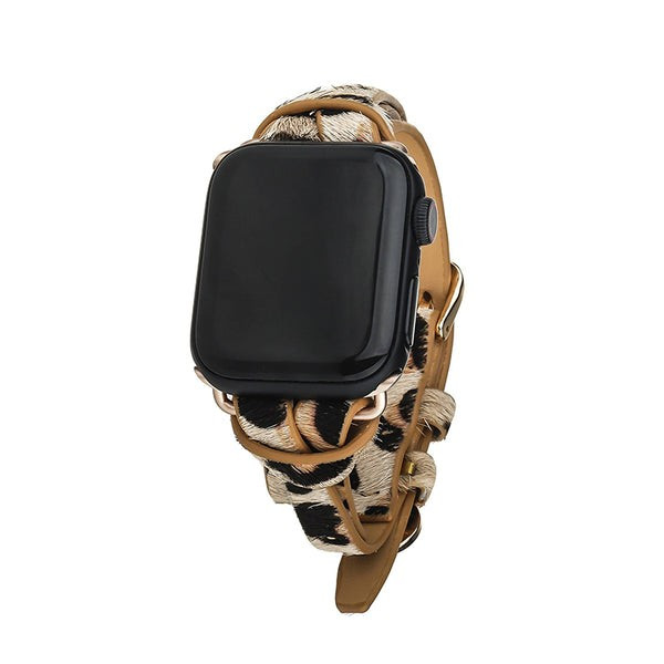 Tan Leopard Animal Print Apple Watch Strap on Gold | Victoria Emerson