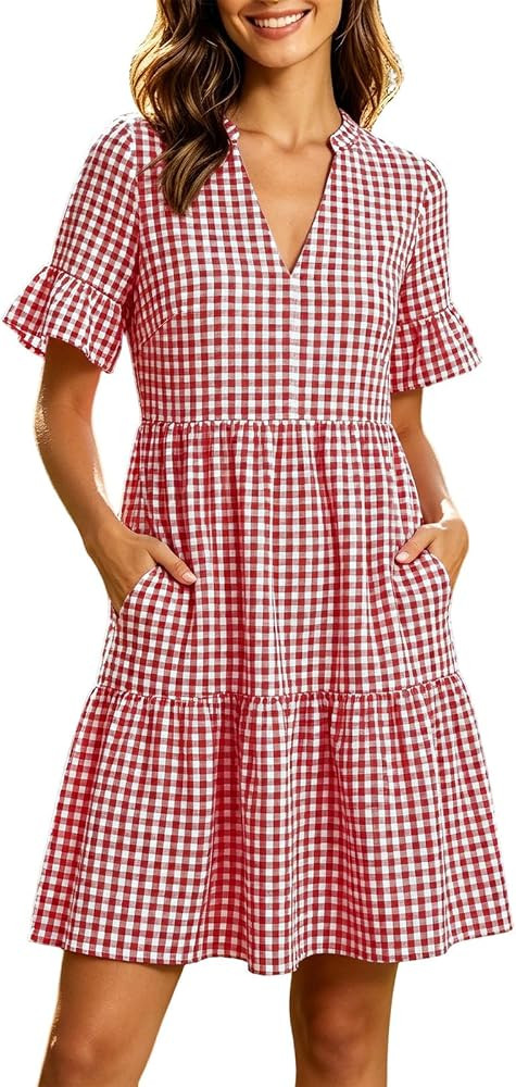 V Neck Striped Dress for Women Short Sleeve Tiered Ruffle Hem with Pockets Casual Summer Mini Dre... | Amazon (US)