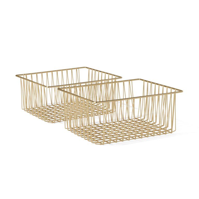 MoDRN Nordic Blush Woven Iron Wire Square Floor Storage Basket, Set of 2, Gold - Walmart.com | Walmart (US)