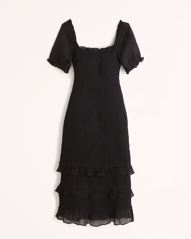 Abercrombie & Fitch Women's Smocked Puff Sleeve Midi Dress in Black - Size M TLL | Abercrombie & Fitch (US)