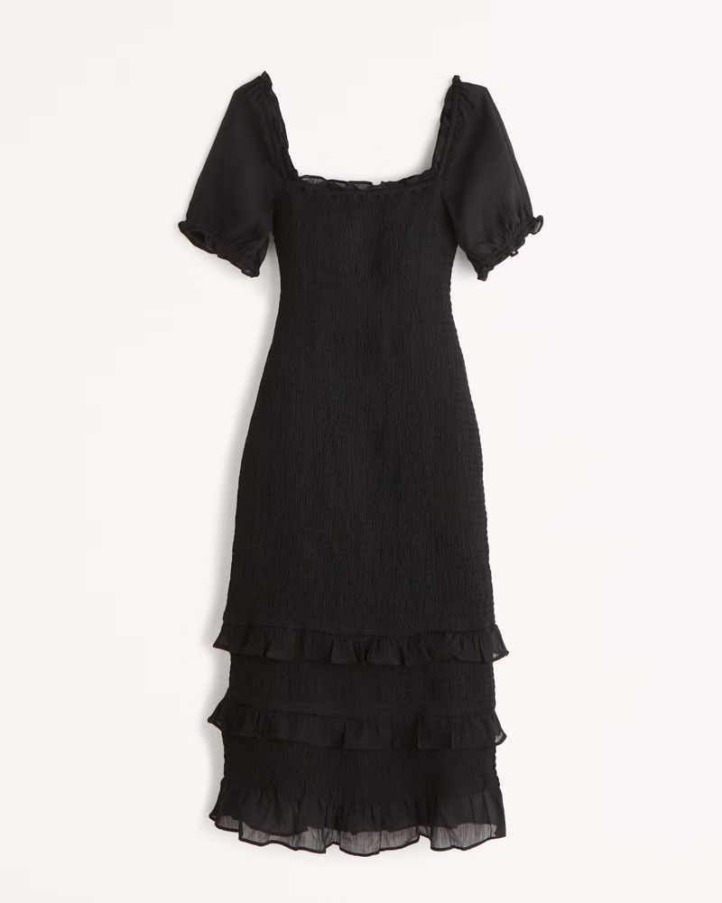 Abercrombie & Fitch Women's Smocked Puff Sleeve Midi Dress in Black - Size XS PET | Abercrombie & Fitch (US)