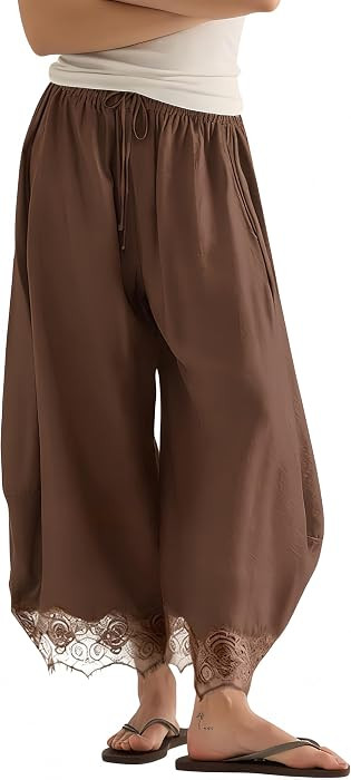 Women's Cropped Lace-Hem Pants Summer Wide Leg Drawstring Waisted Lounge Palazzo Trousers with Pockets | Amazon (US)