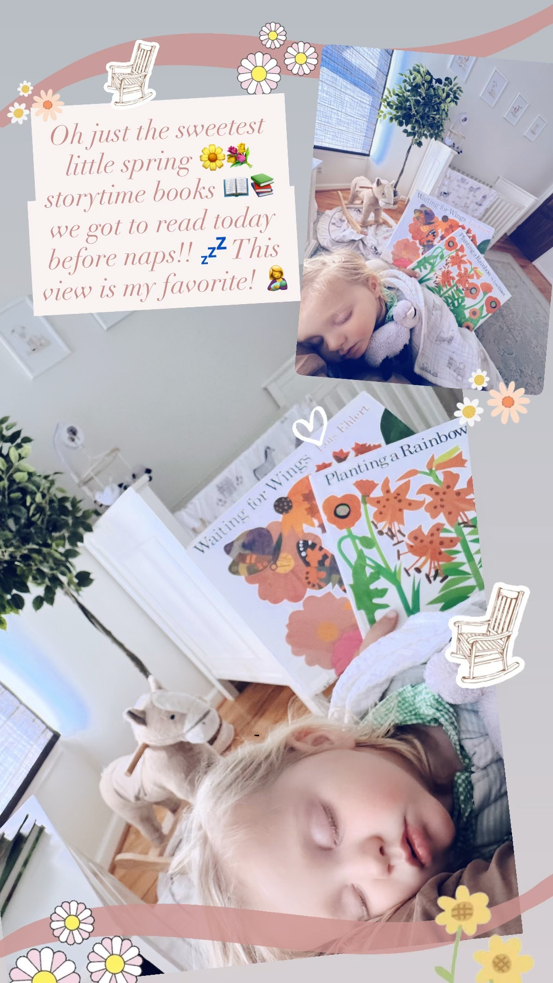 Oh just the sweetest little spring 🌼💐 storytime books 📖📚 we got to read today before naps!! 💤 This view is my favorite! 🤱