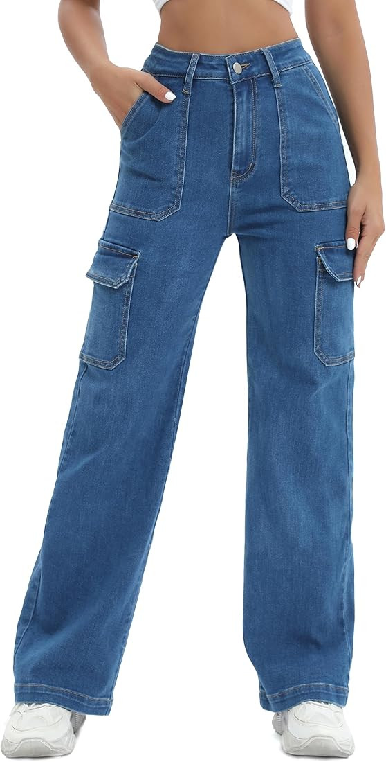 Women Cargo Jeans High Waist Y2K Straight Leg Trendy Stretchy Lightweight Jeans for Women | Amazon (US)