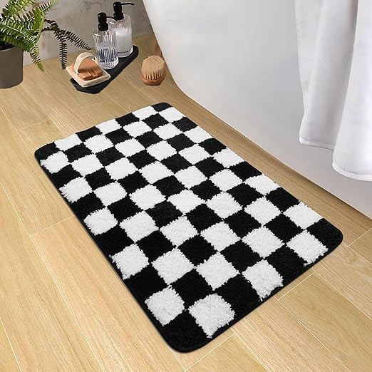 Black and White Checkered Bath Mat, Absorbent Bathroom Rugs Machine Washable Cute Small Indoor Do... | Amazon (US)