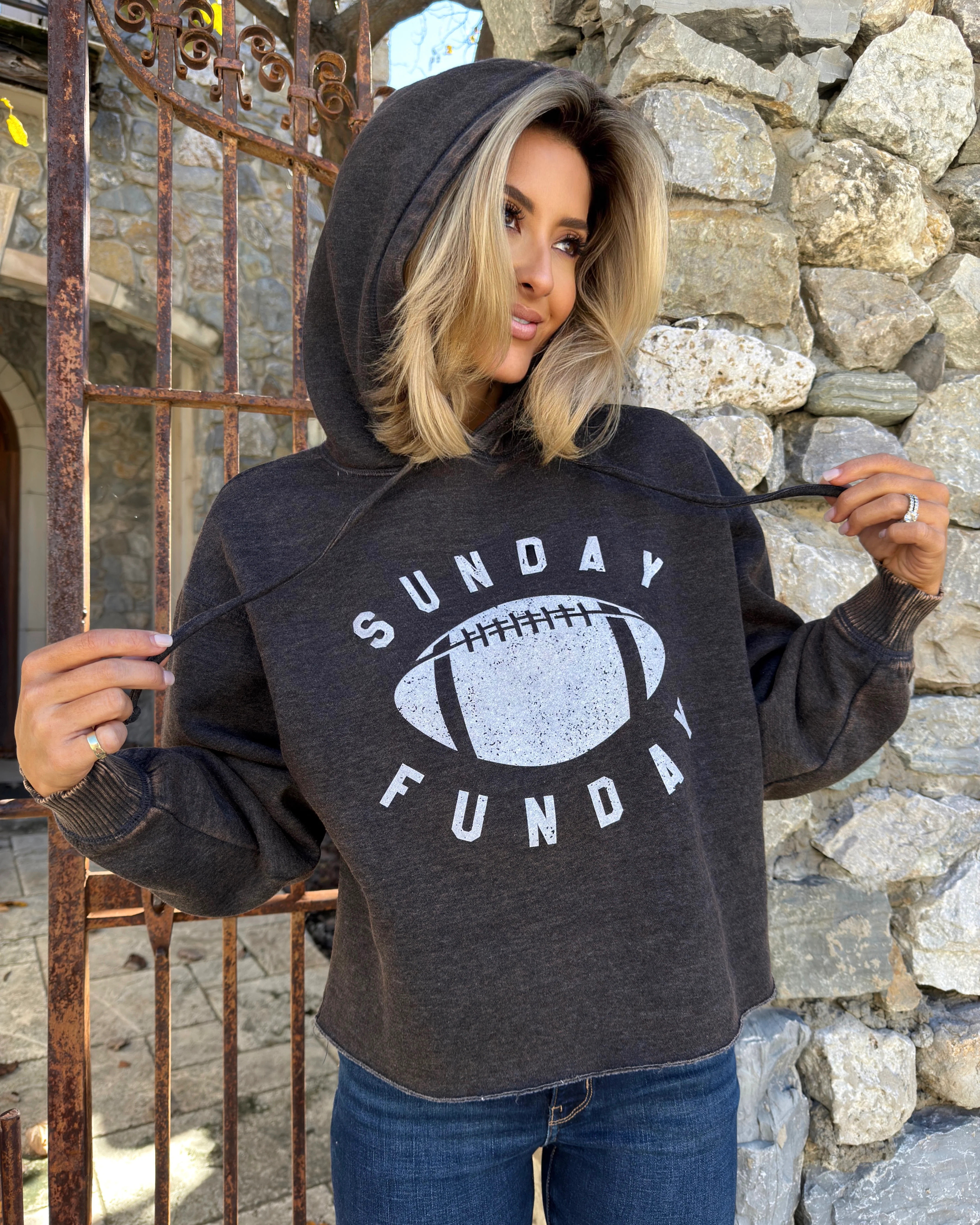 Charcoal Curved “Sunday Funday” Acid-Washed Semi-Cropped Hoodie | Live Love Gameday®