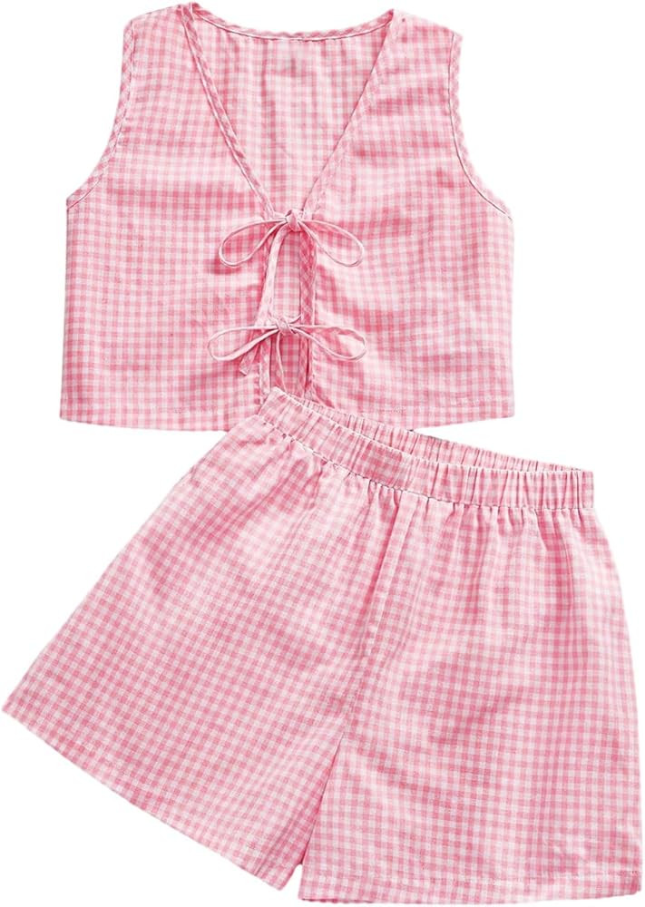 SOLY HUX Women's Summer 2 Piece Outfits Plaid Print Sleeveless Tie Front Tank Top Vest Shorts Bea... | Amazon (US)