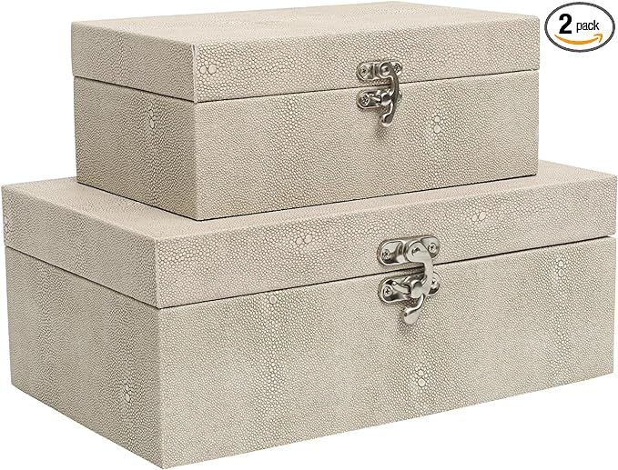 Faux Shagreen Leather Decorative Storage Boxes Set of 2, Ivory | Amazon (US)
