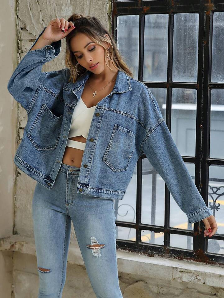SHEIN Frenchy Women's Loose Fit Single Breasted Denim Casual Jacket With Drop Shoulder, Autumn | SHEIN