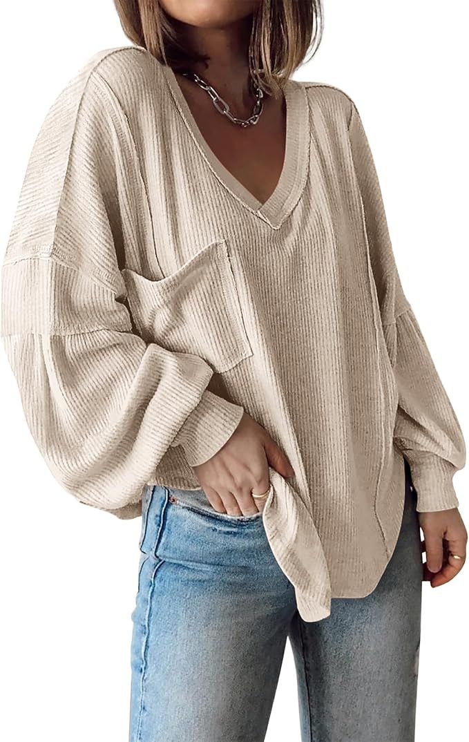 BTFBM Womens Fall Fashion 2025 Long Sleeve Shirts Casual V Neck Ribbed Knit Blouses Pullover Tren... | Amazon (US)