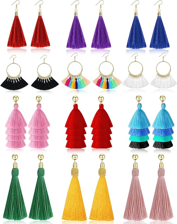 Outee 12 Pairs Tassel Earrings for Women Fashion Bohemian Earrings Colorful Layered Long Thread B... | Amazon (US)