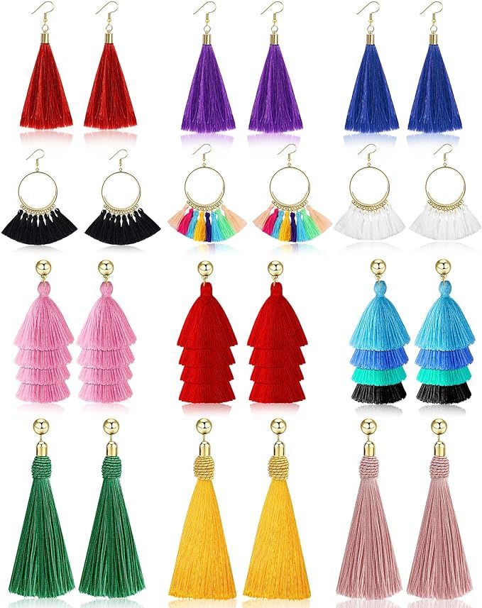 Outee 12 Pairs Tassel Earrings for Women Fashion Bohemian Earrings Colorful Layered Long Thread B... | Amazon (US)