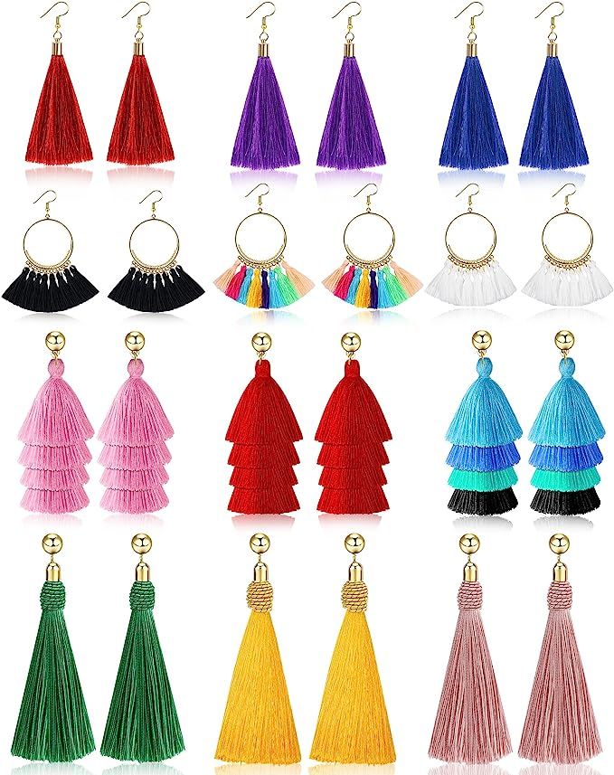 Outee 12 Pairs Tassel Earrings for Women Fashion Bohemian Earrings Colorful Layered Long Thread B... | Amazon (US)