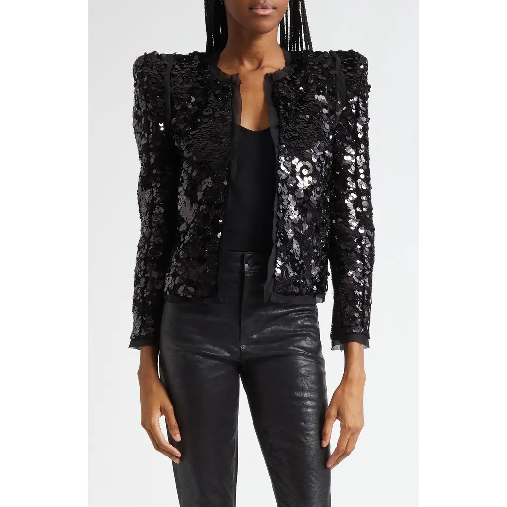 L'AGENCE Shai Paillette Strong Shoulder Jacket in Black at Nordstrom, Size 6 | Nordstrom