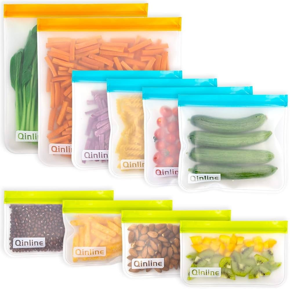 Qinline Reusable Food Storage Bags - 10 Pack BPA FREE Freezer Bags(2 Gallon Bags + 4 Sandwich Bag... | Amazon (US)