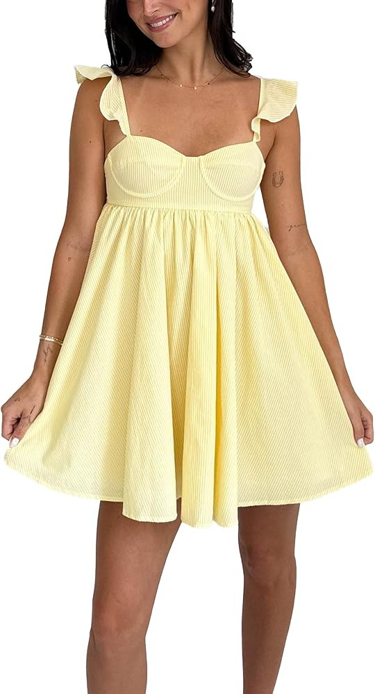 NUFIWI Y2K Ruffle Hem Babydoll Mini Dresses Square Neck Spaghetti Strap Short Dresses Boho Flowy ... | Amazon (US)