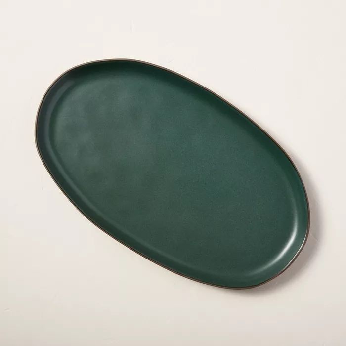 Stoneware Exposed Rim Oval Serving Platter Matte Dark Green - Hearth & Hand™ with Magnolia | Target