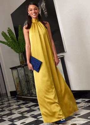 Rory Gown Golden Olive Satin | Abbey Glass